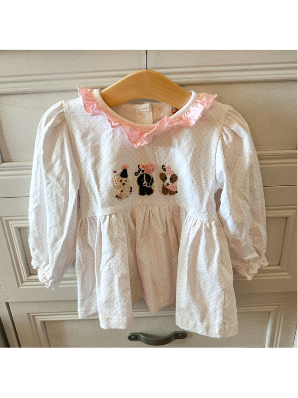 Girls Sweet Peach Casual Dress 2T White Pink Embroidered Dogs
